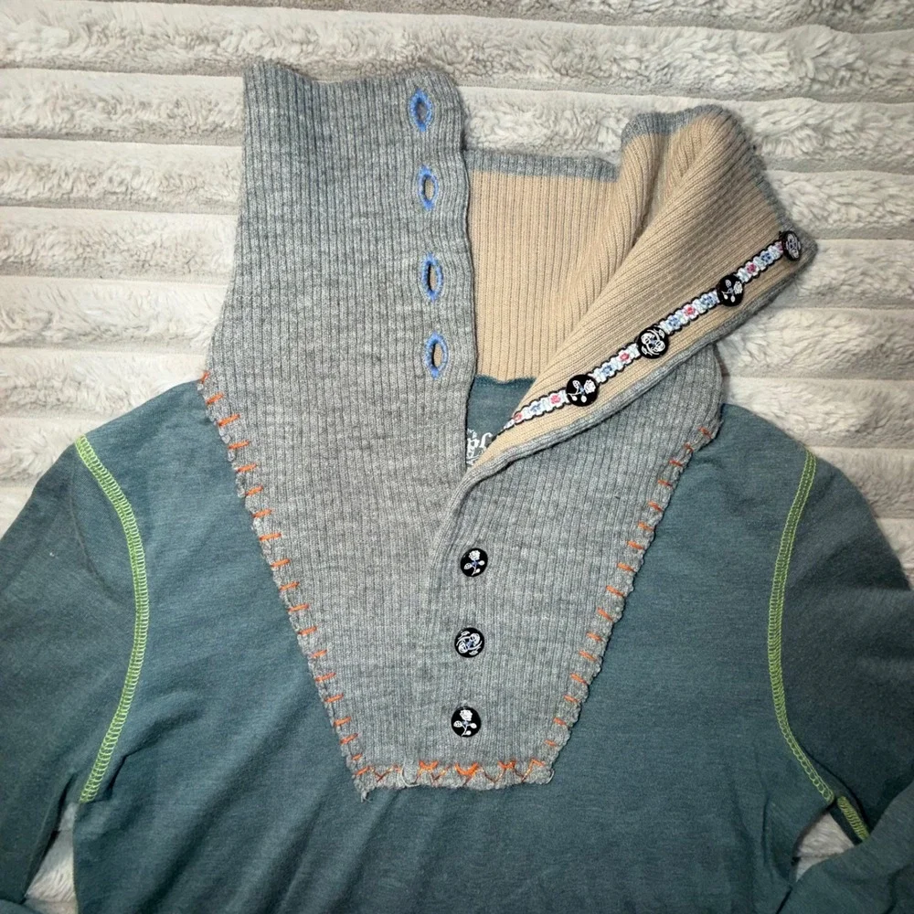 Free People Teal Blue Mixed Media Thermal Knit Top Boho Rose Button Womens Small